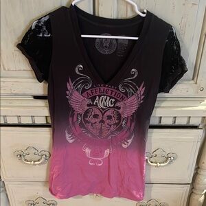 Affliction Women's Black and Pink Graphic Top